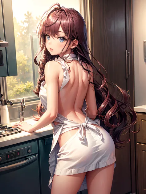 1girl, 18yo, idol, shiny skin, 1girl, (wearing nothing:1.1), (wearing simple apron over body:1.2), (bare back, bare hips, bare a...