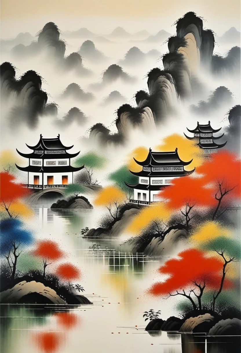 pintura decorativa na sala：Tinta abstrata geométrica，Descrever o complexo de arquitetura paisagística de Jiangnan，Wu Guanzhong&#39;Seu estilo é uma expressão artística que combina técnicas tradicionais de tinta chinesa com conceitos de pintura ocidental... Caracteriza-se por uma interpretação moderna de um tema tradicional.., Cria efeitos visuais únicos através de cores e linhas..