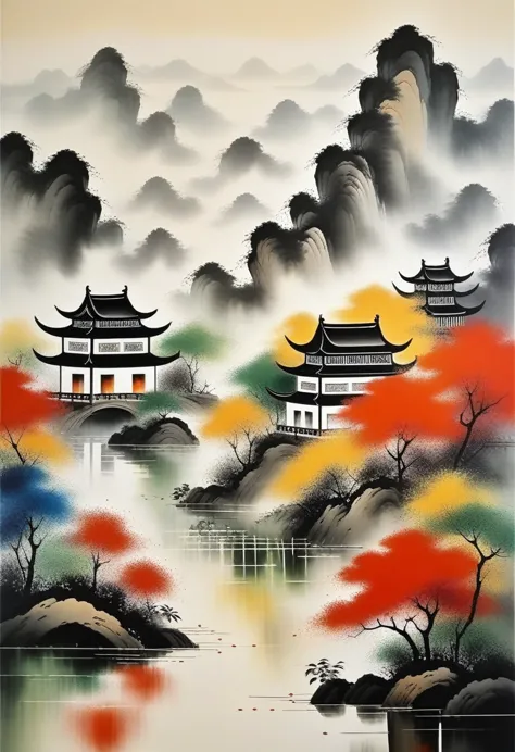 decorative painting in living room：geometric abstract ink，Describe Jiangnan Landscape Architecture Complex，Wu Guanzhong&#39;s st...