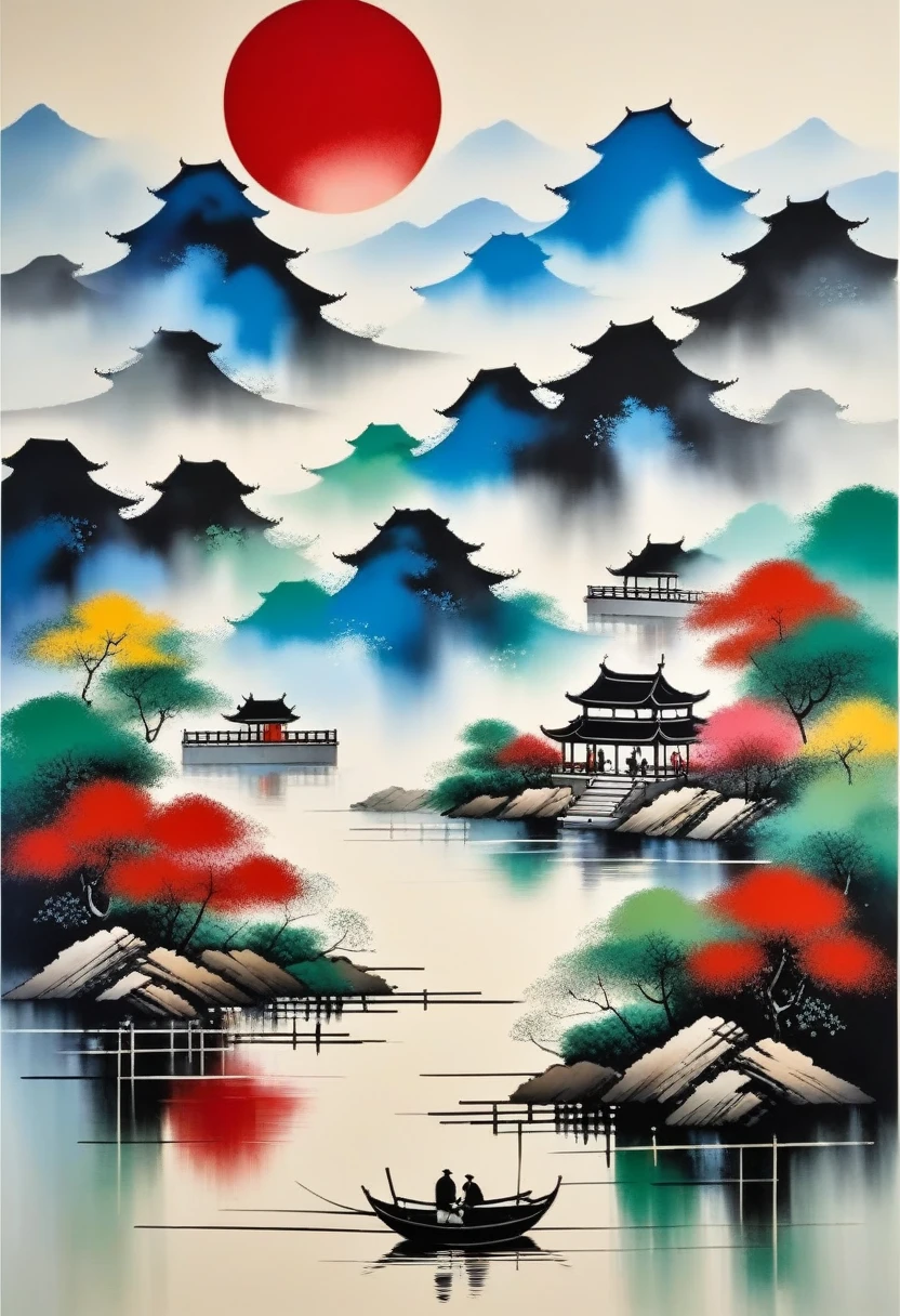 pintura decorativa en salón：Tinta abstracta geométrica，Describir el complejo de arquitectura paisajística de Jiangnan，Wu Guanzhong&#39;El estilo de s es una expresión artística que combina técnicas tradicionales de tinta china con conceptos de pintura occidental.... Se caracteriza por una interpretación moderna de un tema tradicional..., Crea efectos visuales únicos a través de colores y líneas...