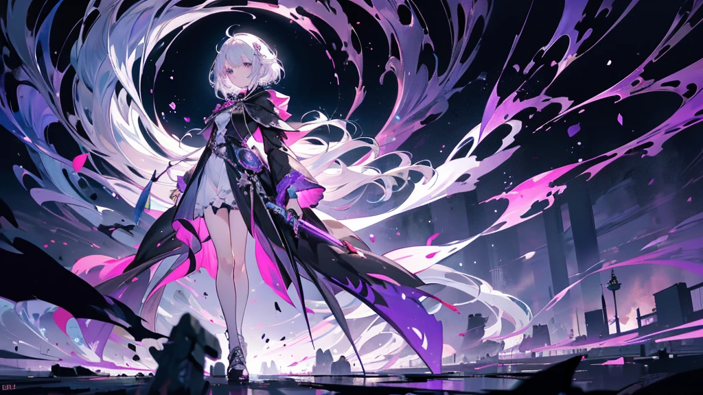 this is a girl with white hair，Dressed in a dark purple assassin costume，Fair skin and slim legs，Anterior convex and posterior，And charming，The cloak is a dashing pride，insolence，cute，Front view，walking through a dark village，quaint and creepy，Second-rate々A spell comes to mind，Holding a long sword，脚踏六芒星✡阵法