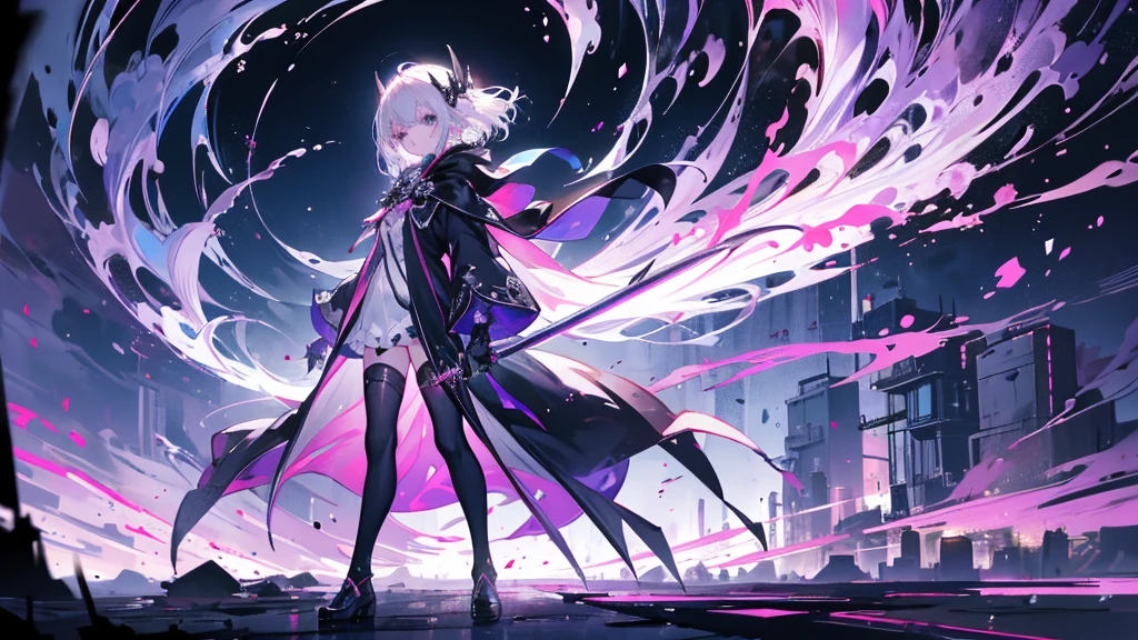 this is a girl with white hair，Dressed in a dark purple assassin costume，Fair skin and slim legs，Anterior convex and posterior，And charming，The cloak is a dashing pride，insolence，cute，Front view，walking through a dark village，quaint and creepy，Second-rate々A spell comes to mind，Holding a long sword，脚踏六芒星✡阵法