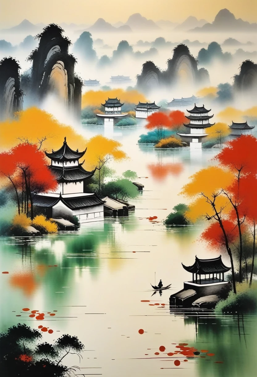 pintura decorativa en salón：Tinta abstracta geométrica，Describir el complejo de arquitectura paisajística de Jiangnan，Wu Guanzhong&#39;El estilo de s es una expresión artística que combina técnicas tradicionales de tinta china con conceptos de pintura occidental.... Se caracteriza por una interpretación moderna de un tema tradicional..., Crea efectos visuales únicos a través de colores y líneas...