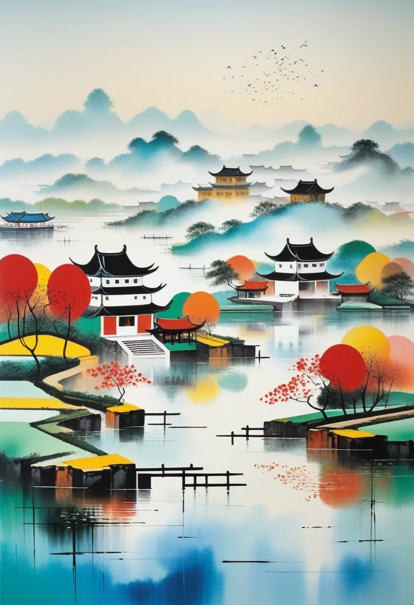 pintura decorativa na sala：Tinta abstrata geométrica，Descrever o complexo de arquitetura paisagística de Jiangnan，Wu Guanzhong&#39;Seu estilo é uma expressão artística que combina técnicas tradicionais de tinta chinesa com conceitos de pintura ocidental... Caracteriza-se por uma interpretação moderna de um tema tradicional.., Cria efeitos visuais únicos através de cores e linhas..