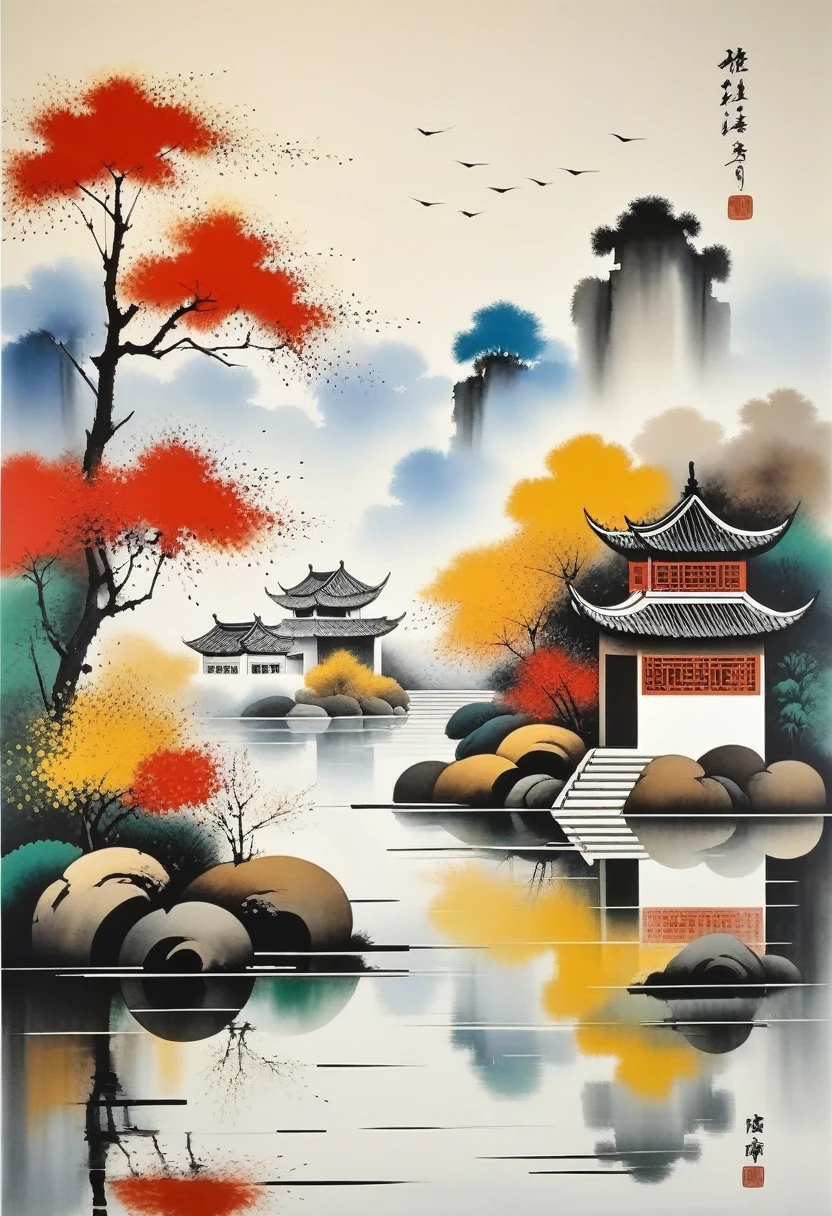 pintura decorativa en salón：Tinta abstracta geométrica，Describir el complejo de arquitectura paisajística de Jiangnan，Wu Guanzhong&#39;El estilo de s es una expresión artística que combina técnicas tradicionales de tinta china con conceptos de pintura occidental.... Se caracteriza por una interpretación moderna de un tema tradicional..., Crea efectos visuales únicos a través de colores y líneas...