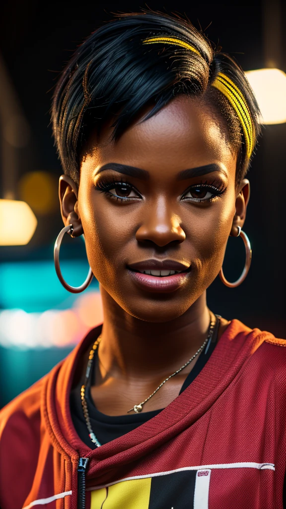 A happy 21 year old woman, edgy, jamaican music channel presenter, defined jawline, nerdy expression, mouth slightly open, short edgy bob haircut, stylish urban clothing,  hiphop attitudephotorealistic, 8k, high quality, cinematic lighting, vibrant colors, dynamic pose, detailed facial features, sharp focus