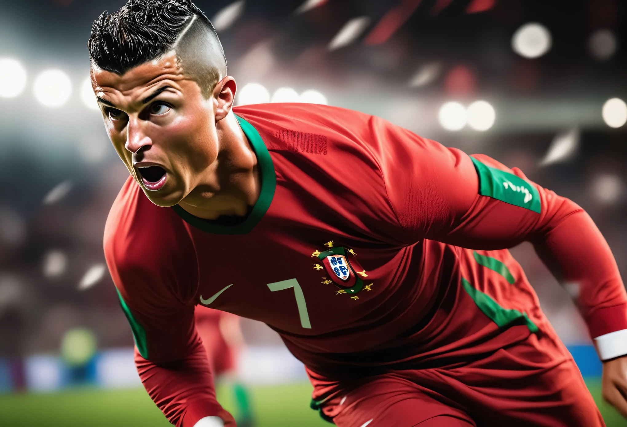 Cinematic portrait photo of Ronaldo scoring for Portugal, European football, depth of field, bokeh, sport photography, action-packed moment, dynamic, intense competition, thrilling movement, showcasing skill, conveying energy, adrenaline-fueled visuals, immersive experience, storytelling through action, dramatic composition, showcasing passion, capturing decisive moments, vibrant colours, dynamic composition, powerful imagery, engaging perspective, realistic