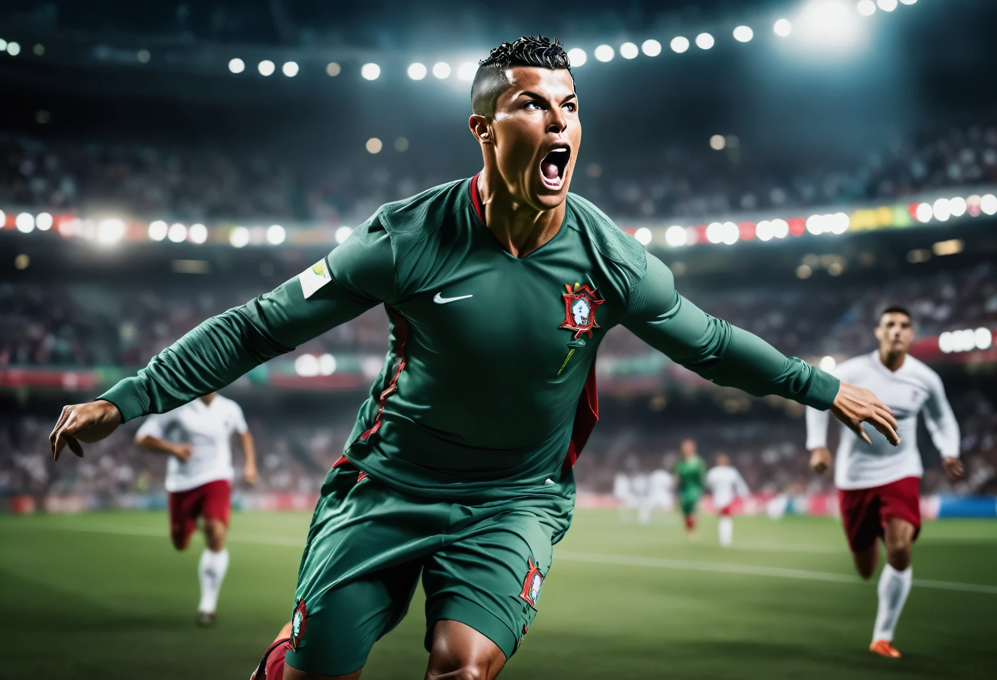 Cinematic portrait photo of Ronaldo scoring for Portugal, European football, depth of field, bokeh, sport photography, action-packed moment, dynamic, intense competition, thrilling movement, showcasing skill, conveying energy, adrenaline-fueled visuals, immersive experience, storytelling through action, dramatic composition, showcasing passion, capturing decisive moments, vibrant colours, dynamic composition, powerful imagery, engaging perspective, realistic