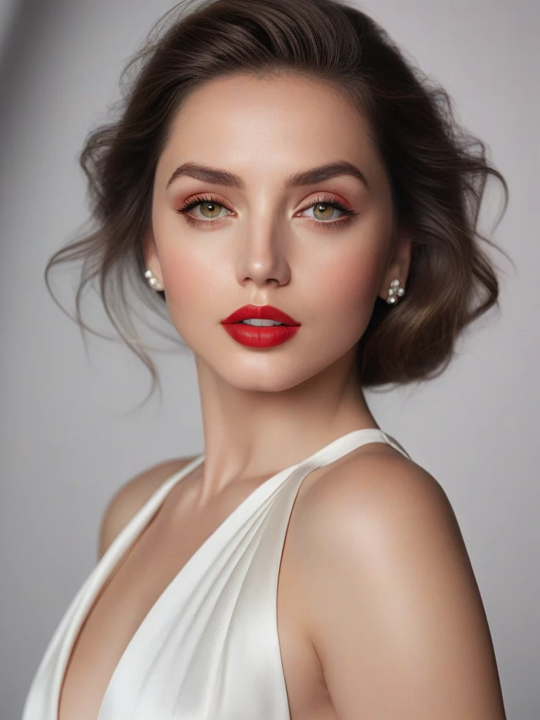 (best quality,4k,8k,highres,masterpiece:1.2),ultra-detailed,(realistic,photorealistic,photo-realistic:1.37),beautiful eyes,beautiful lips,detailed face,red lipstick,gorgeous woman,white dress,elegant fashion model,elegant look,long eyelashes,confident expression,flawless skin,posing gracefully,flowing fabric,soft and silky material,graceful movement,vibrant colors,artistic lighting,studio photo shoot, dreamy atmosphere