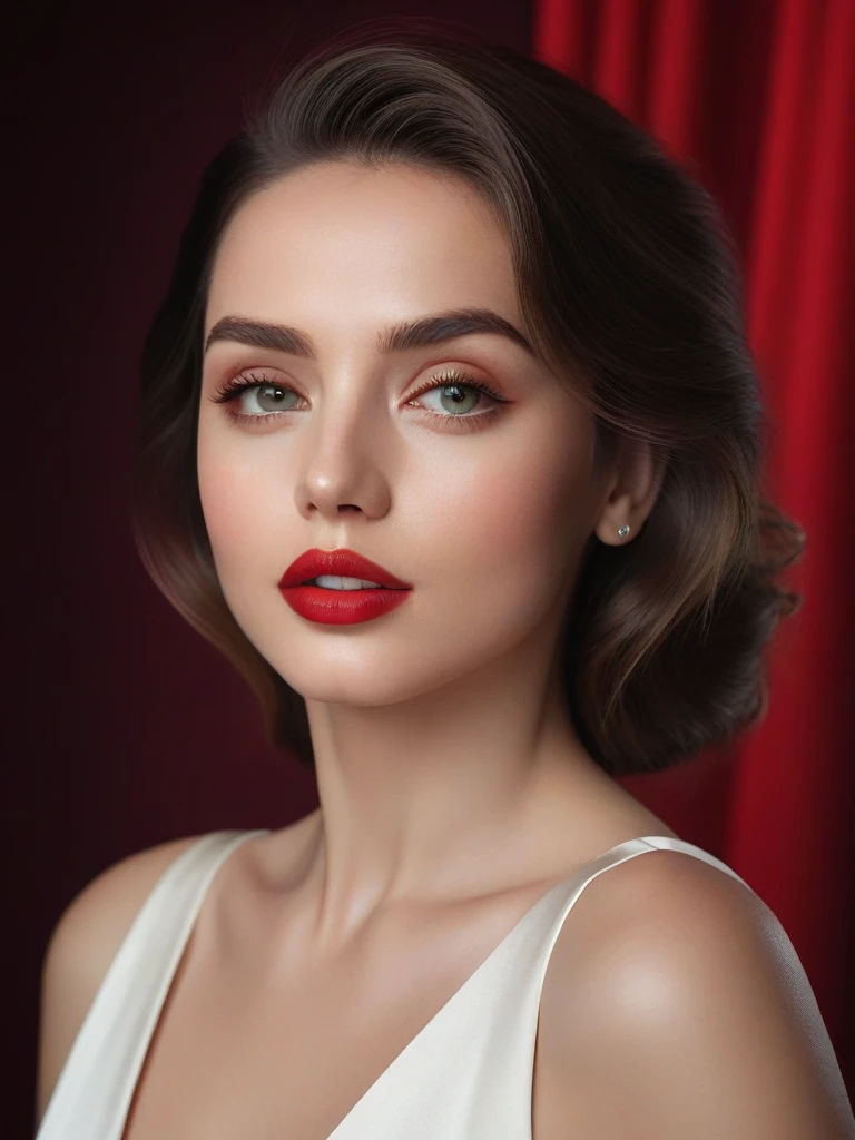 (best quality,4k,8k,highres,masterpiece:1.2),ultra-detailed,(realistic,photorealistic,photo-realistic:1.37),beautiful eyes,beautiful lips,detailed face,red lipstick,gorgeous woman,white dress,elegant fashion model,elegant look,long eyelashes,confident expression,flawless skin,posing gracefully,flowing fabric,soft and silky material,graceful movement,vibrant colors,artistic lighting,studio photo shoot, dreamy atmosphere