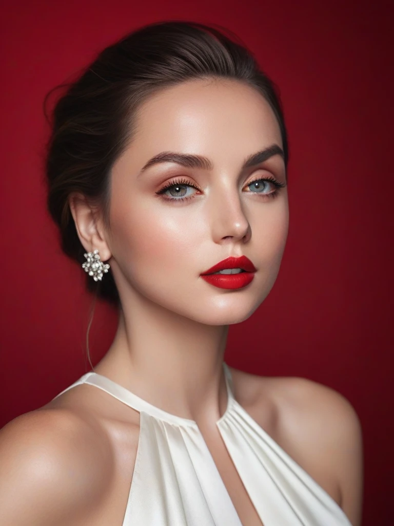 (best quality,4k,8k,highres,masterpiece:1.2),ultra-detailed,(realistic,photorealistic,photo-realistic:1.37),beautiful eyes,beautiful lips,detailed face,red lipstick,gorgeous woman,white dress,elegant fashion model,elegant look,long eyelashes,confident expression,flawless skin,posing gracefully,flowing fabric,soft and silky material,graceful movement,vibrant colors,artistic lighting,studio photo shoot, dreamy atmosphere