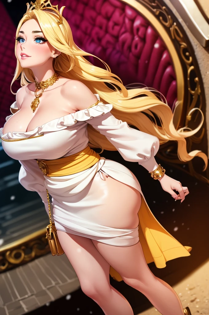 An extremely beautiful stunning voluptuous woman, with gold blonde long silky hair, big blue oceanic eyes, extremely super bright snow white fair stunning flawless glowing lush shiny white complexion, flawless skin, a perfect tight hourglass figure, and a skinny waist, sexy thick smooth luscious legs and thighs, wearing a short sexy tight revealing white floral full-sleeve dress along with a blue sash on the waist, a brown off-shoulder sweater, yellow heels, gold necklace on the neck, gold anklets on feet, gold chain on the waist, standing straight, extremely cute smile on the face, bright pink blushes on cheeks, holding a pink purse, kids park in the background, show full body from head to feet.
