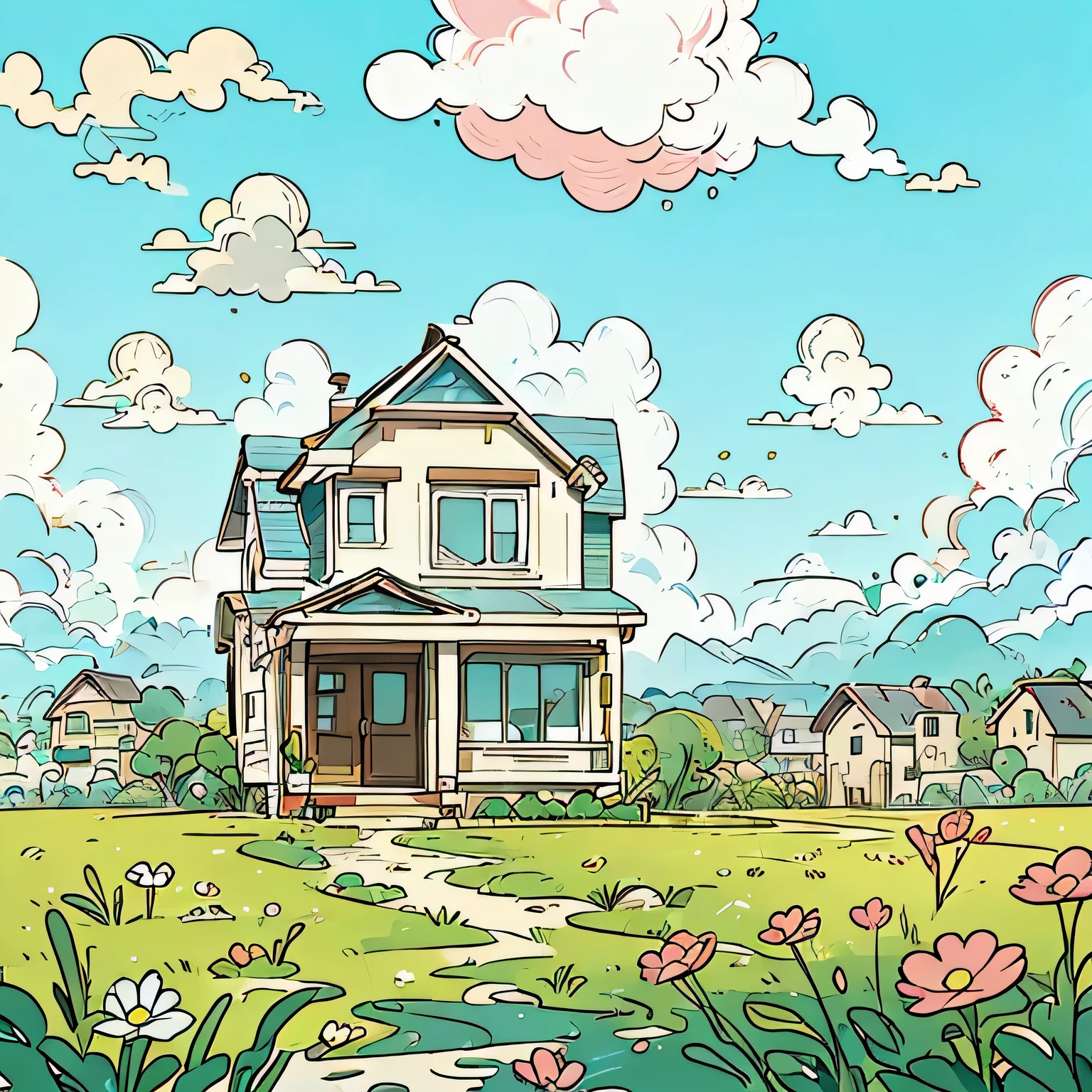 flower，Sky，house，grassland，
Soft warm tones，
Smooth lines，
Simple style，
unlimited color palette，
Flat anime style，