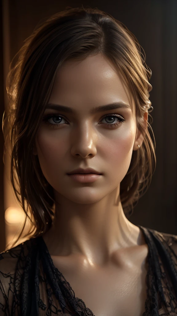 A beautiful young girl with striking features, intricate details, and a serene expression, 1girl, extremely detailed eyes, beautiful detailed lips, porcelain skin, long slender neck, delicate facial features, elegant pose, flowing hair, (best quality,4k,8k,highres,masterpiece:1.2),ultra-detailed,(realistic,photorealistic,photo-realistic:1.37),highly detailed portrait, fine art portrait, photorealistic digital painting, dramatic lighting, warm color tones, cinematic lighting, dramatic shadows, moody atmosphere