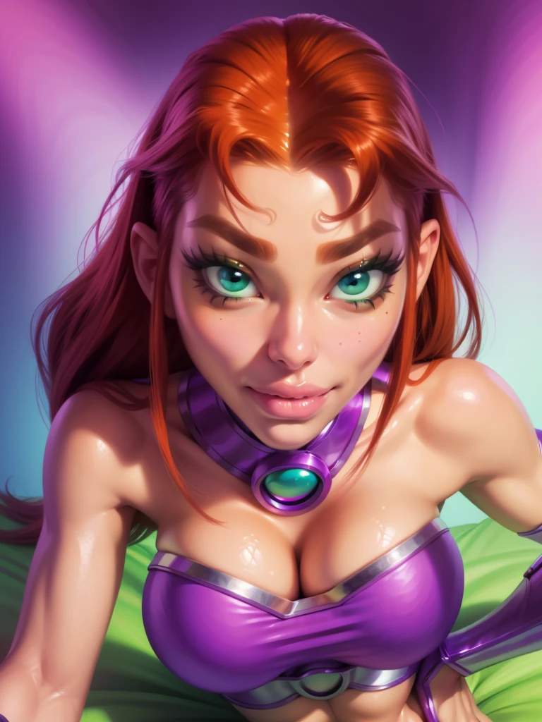 Starfire, teen titans starfire, orange hair, green eyes, beautiful, skinny waist, toned, sexy, seductive, big beautiful eyes, (very detailed face),