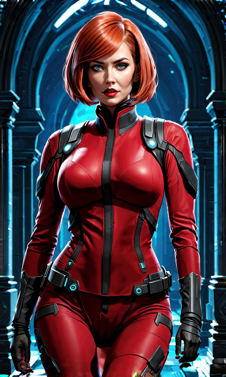 Highly detailed RAW color photo, beautiful woman, short red hair, dynamic pose, femshepard of mass effect, (wide hips), (detailed skin), (detailed lips), (detailed eyes), (cosmic: 1.4), (necropolis: 1.1), (science fiction setting) (detailed face), (curvy), red clothing, detailed eyes, chromatic aberration, depth of field, soft lighting, masterpiece, best quality, intricate, (lens reflection: 0.7), (flowering: 0.7), particle effects, ray tracing, tone mapping, highly detailed, concept art, smooth, sharp focus, dramatic lighting, highly detailed art, cinematic, hyper-realistic painting, trending on Artstation, 8K, amazing shadows, realistic, (highly detailed background: 1.2), mid-journey art