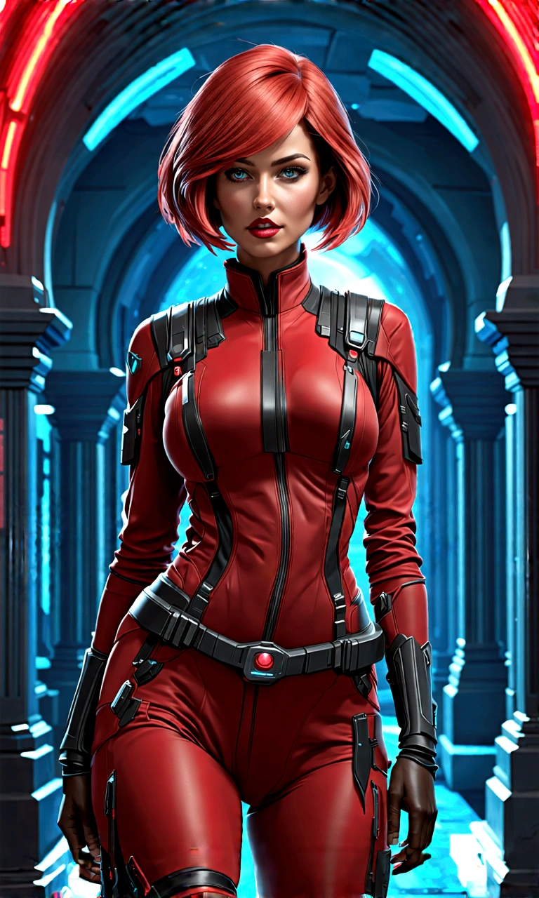 Hochdetailliertes RAW-Farbfoto, Schöne Frau, kurze rote Haare, dynamische pose, Femshepard von Mass Effect, (Breite Hüften), (detaillierte Haut), (detaillierte Lippen), (detaillierte Augen), (kosmisch: 1.4), (Nekropole: 1.1), (Science-Fiction-Kulisse) (detailliertes Gesicht), (kurvig), rote Kleidung, detaillierte Augen, Chromatische Abweichung, Tiefenschärfe, sanfte Beleuchtung, Meisterwerk, beste Qualität, kompliziert, (Linsenreflexion: 0.7), (Blüte: 0.7), Partikeleffekte, Raytracing, Tonzuordnung, sehr detailliert, Konzeptkunst, Glatt, scharfer Fokus, dramatische Beleuchtung, sehr detailliert art, filmisch, hyper-Realistisch painting, Trends auf Artstation, 8K, erstaunliche Schatten, Realistisch, (sehr detailliert background: 1.2), Kunst mitten in der Reise