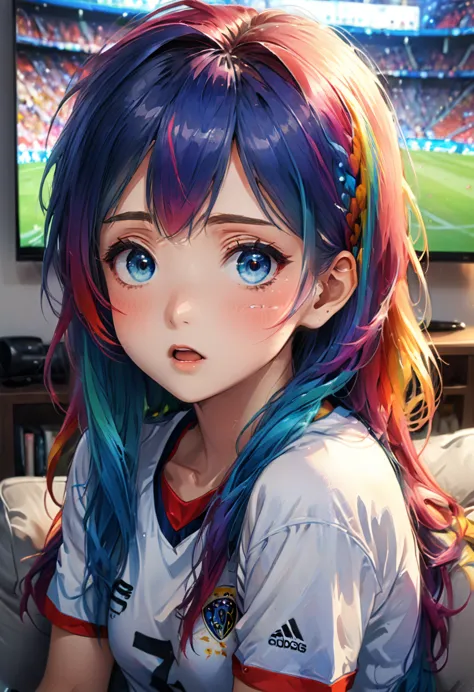 a 20 year old cute anime girl watching the EURO 2024 match,1girl,detailed face,beautiful eyes,beautiful lips,long eyelashes,sitt...