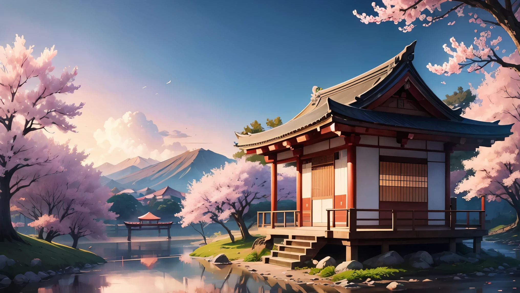 Beautiful shrine scenery, cherry blossoms, loose, anime Background Art, Japanese Art Style, Beautiful anime scene, Detailed Landscape - Width 672, Background Art, Anime scenery, Anime Background, Beautiful anime scenery, Beautiful peaceful scene in anime, Landscape painting, Japanese Village, Anime scenery concept art, 8K))