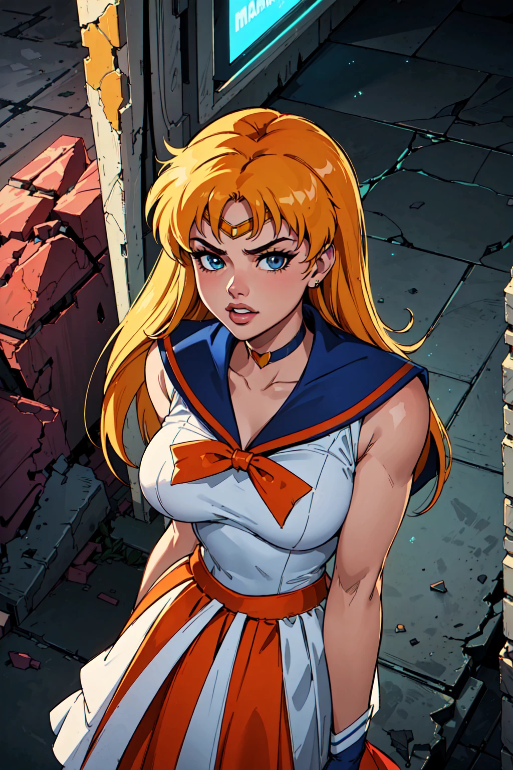 (La mejor calidad,A high resolution,Ultra - detallado,actual),Selena Gomez, (masterpiece, best quality;1.3), very detailed CG, very detailed, 1 girl, alone, laugh, looking at viewer, stylish angle, blonde long hair,blue eyes, huge  sv1, Sailor Sensi Uniform, Orange skirt, elbow bag, tiara, Orange Sailor Color, red bow, Orange Choker, white gloves, bijouterie, from above,,(Fondo de ruinas de mazmorra en ruinas cyberpunk :1.4 ) I have a lot of heart, face focus,venus,hurricane,abstract background, galaxy background,(Sailor Venus:1.4), (Sailor Venus V2.1), ,(Fondo de ruinas de mazmorra en ruinas piedras grandes cyberpunk :1.4 ),(perfect anatomy :1.4), (cinematic lighting :1.4),( dynamic cowboy pose), (fondo lluvia cayendo nublado tenebroso :1.4), (Selena Gomez :1.4), (Selena Gomez V2.1),( dedos detailed :1.4), BIG THIGHS, gigantic