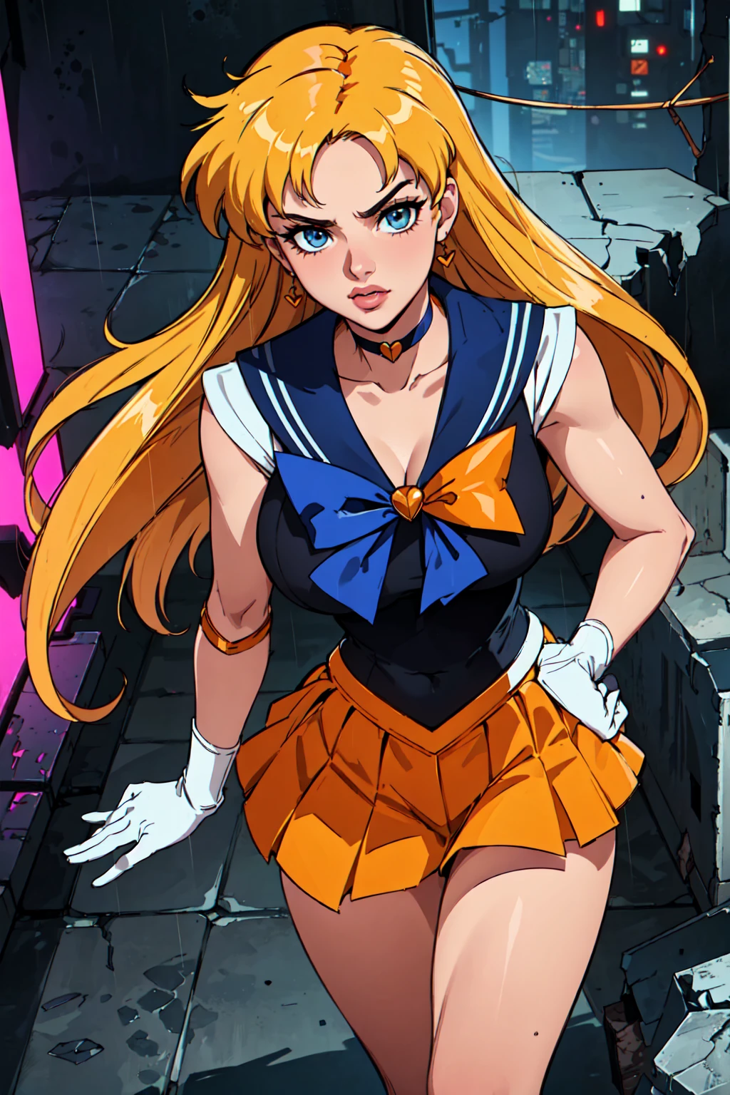 (La mejor calidad,A high resolution,Ultra - detallado,actual),Selena Gomez, (masterpiece, best quality;1.3), very detailed CG, very detailed, 1 girl, alone, laugh, looking at viewer, stylish angle, blonde long hair,blue eyes, huge  sv1, Sailor Sensi Uniform, Orange skirt, elbow bag, tiara, Orange Sailor Color, red bow, Orange Choker, white gloves, bijouterie, from above,,(Fondo de ruinas de mazmorra en ruinas cyberpunk :1.4 ) I have a lot of heart, face focus,venus,hurricane,abstract background, galaxy background,(Sailor Venus:1.4), (Sailor Venus V2.1), ,(Fondo de ruinas de mazmorra en ruinas piedras grandes cyberpunk :1.4 ),(perfect anatomy :1.4), (cinematic lighting :1.4),( dynamic cowboy pose), (fondo lluvia cayendo nublado tenebroso :1.4), (Selena Gomez :1.4), (Selena Gomez V2.1),( dedos detailed :1.4), BIG THIGHS, gigantic