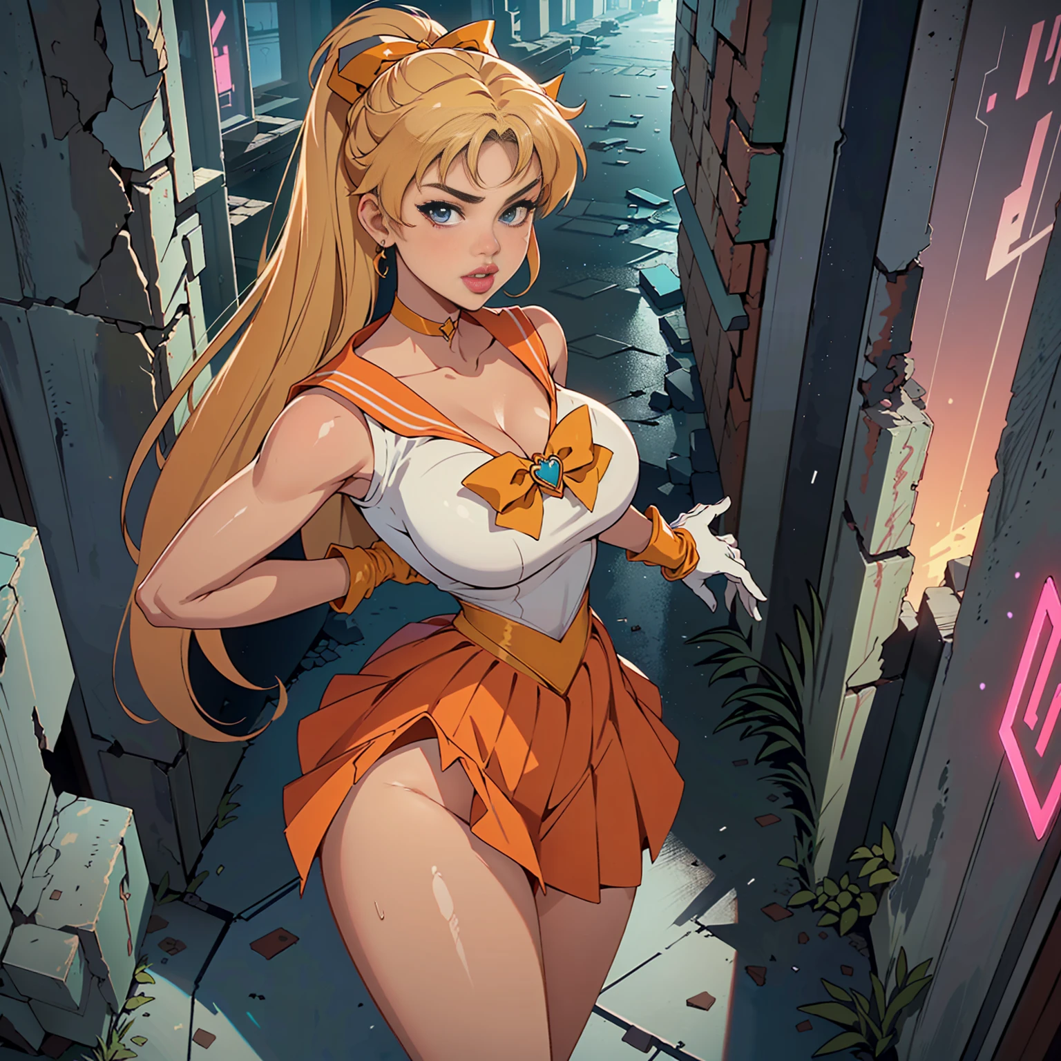 (La mejor calidad,A high resolution,Ultra - detallado,actual),Selena Gomez, (masterpiece, best quality;1.3), very detailed CG, very detailed, 1 girl, alone, laugh, looking at viewer, stylish angle, blonde long hair,blue eyes, huge  sv1, Sailor Sensi Uniform, Orange skirt, elbow bag, tiara, Orange Sailor Color, red bow, Orange Choker, white gloves, bijouterie, from above,,(Fondo de ruinas de mazmorra en ruinas cyberpunk :1.4 ) I have a lot of heart, face focus,venus,hurricane,abstract background, galaxy background,(Sailor Venus:1.4), (Sailor Venus V2.1), ,(Fondo de ruinas de mazmorra en ruinas piedras grandes cyberpunk :1.4 ),(perfect anatomy :1.4), (cinematic lighting :1.4),( dynamic cowboy pose), (fondo lluvia cayendo nublado tenebroso :1.4), (Selena Gomez :1.4), (Selena Gomez V2.1),( dedos detailed :1.4), BIG THIGHS, gigantic