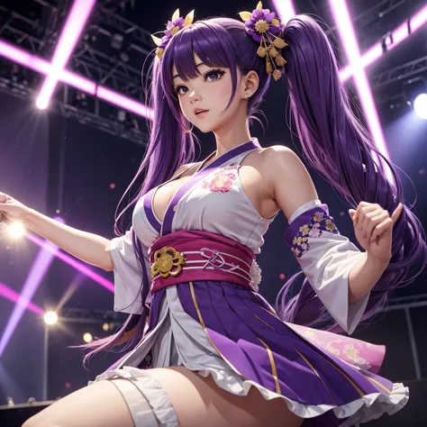 Dynamic young woman、Her vibrant purple hair is styled in twin tails.、Dynamic dancing and singing on stage、In-ear microphone、Wear...