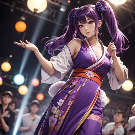 Dynamic young woman、Her vibrant purple hair is styled in twin tails.、Dynamic dancing and singing on stage、In-ear microphone、Wear...