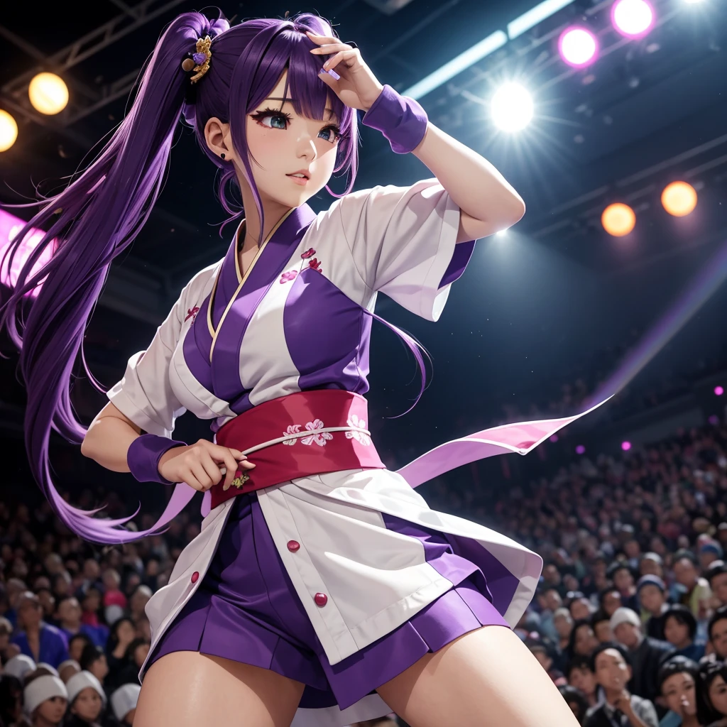 Dynamic young woman、Her vibrant purple hair is styled in twin tails.、Dynamic dancing and singing on stage、In-ear microphone、Wearing a costume that combines elements of traditional kimono and modern idol costumes,、With a fan in each hand、Contemporary influences、Detailed background elements、Lively crowd、Ambient Festival Lights、 Soft warm light、Low-angle camera captures heroic poses、2-point perspective、鮮やかな自然とSpotlightをミックスした照明、Subtle rim lighting、8k rendering、Advanced Texture Techniques、Subtle Motion Blur、Depth of Field Effect、Laser beam、Magic light effect、Spotlight、Impressive realistic anime style