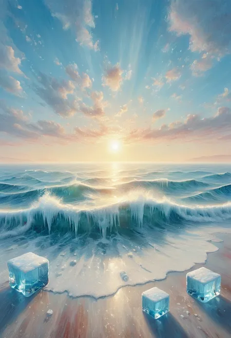 an oil painting：(((sunrise，ocean，horizon，peaceful)))，(ice cubes里的红色玫瑰：1.37)，ice cubes，frozen rose，refracted light