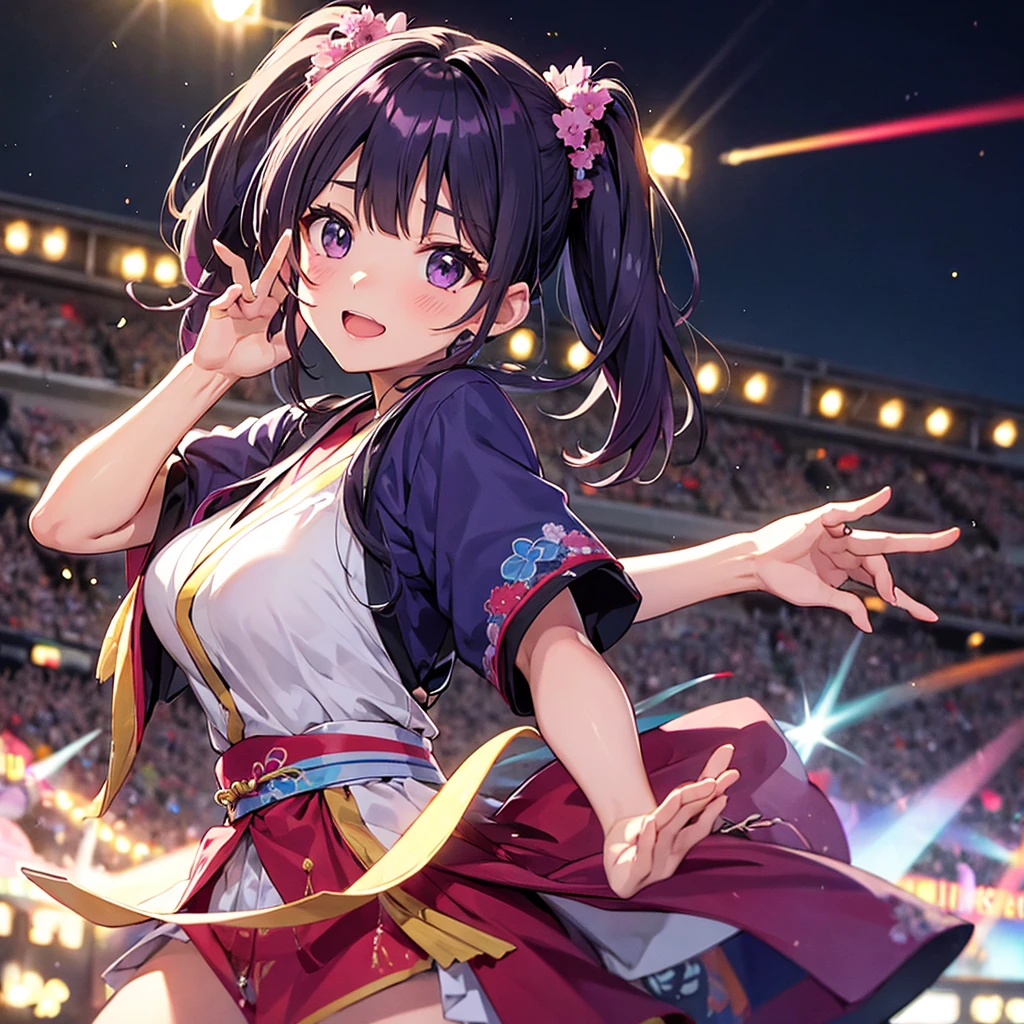 Dynamic young woman、Her vibrant purple hair is styled in twin tails.、Dynamic dancing and singing on stage、In-ear microphone、Wearing a costume that combines elements of traditional kimono and modern idol costumes,、With a fan in each hand、Contemporary influences、Detailed background elements、Lively crowd、Ambient Festival Lights、 Soft warm light、Low-angle camera captures heroic poses、2-point perspective、鮮やかな自然とSpotlightをミックスした照明、Subtle rim lighting、8k rendering、Advanced Texture Techniques、Subtle Motion Blur、Depth of Field Effect、Laser beam、Magic light effect、Spotlight、Impressive realistic anime style