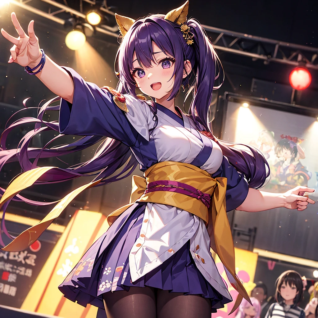 Dynamic young woman、Her vibrant purple hair is styled in twin tails.、Dynamic dancing and singing on stage、In-ear microphone、Wearing a costume that combines elements of traditional kimono and modern idol costumes,、With a fan in each hand、Contemporary influences、Detailed background elements、Lively crowd、Ambient Festival Lights、 Soft warm light、Low-angle camera captures heroic poses、2-point perspective、A mix of vibrant nature and spotlight lighting、Subtle rim lighting、8k rendering、Advanced Texture Techniques、Subtle Motion Blur、Depth of Field Effect、Laser beam、Magic light effect、Spotlight、Impressive realistic anime style