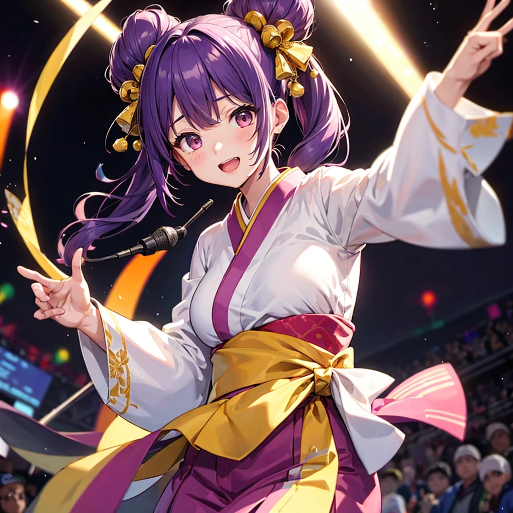 Dynamic young woman、Her vibrant purple hair is styled in twin tails.、Dynamic dancing and singing on stage、In-ear microphone、Wearing a costume that combines elements of traditional kimono and modern idol costumes,、With a fan in each hand、Contemporary influences、Detailed background elements、Lively crowd、Ambient Festival Lights、 Soft warm light、Low-angle camera captures heroic poses、2-point perspective、鮮やかな自然とSpotlightをミックスした照明、Subtle rim lighting、8k rendering、Advanced Texture Techniques、Subtle Motion Blur、Depth of Field Effect、Laser beam、Magic light effect、Spotlight、Impressive realistic anime style