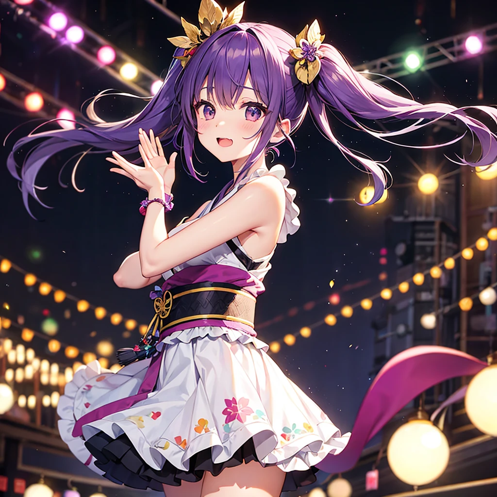 Dynamic young woman、Her vibrant purple hair is styled in twin tails.、Dynamic dancing and singing on stage、In-ear microphone、Wearing a costume that combines elements of traditional kimono and modern idol costumes,、With a fan in each hand、Contemporary influences、Detailed background elements、Lively crowd、Ambient Festival Lights、 Soft warm light、Low-angle camera captures heroic poses、2-point perspective、A mix of vibrant nature and spotlight lighting、Subtle rim lighting、8k rendering、Advanced Texture Techniques、Subtle Motion Blur、Depth of Field Effect、Laser beam、Magic light effect、Spotlight、Impressive realistic anime style