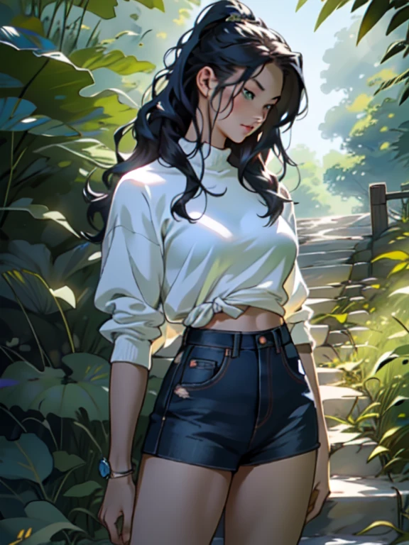 ((Best quality)), ((masterpiece)), ((realistic)), ((beautiful female martial artist)), (milf:1.3), (arrogant woman:1.4) standing tall, her slender form glistening in the golden rays of a summer sunrise. Her eyes, a captivating shade of emerald, pierce through the tranquility of the morning. Her fiery blue hair cascades, contrasting with the vibrant green of the surrounding foliage. With each step, her muscular thighs and perfect muscular long legs portray a sense of power and grace. The tranquil scene unfolds, capturing a moment of raw beauty and confidence on eye level, scenic, masterpiece, (bare torso:1.1), abs, (female focus:1.5), very muscular ripped body, ultra sharp, (sexual suggestive)), (Denim shorts:1.1), very thin waist, huge hips, (nordic girl:1.3)