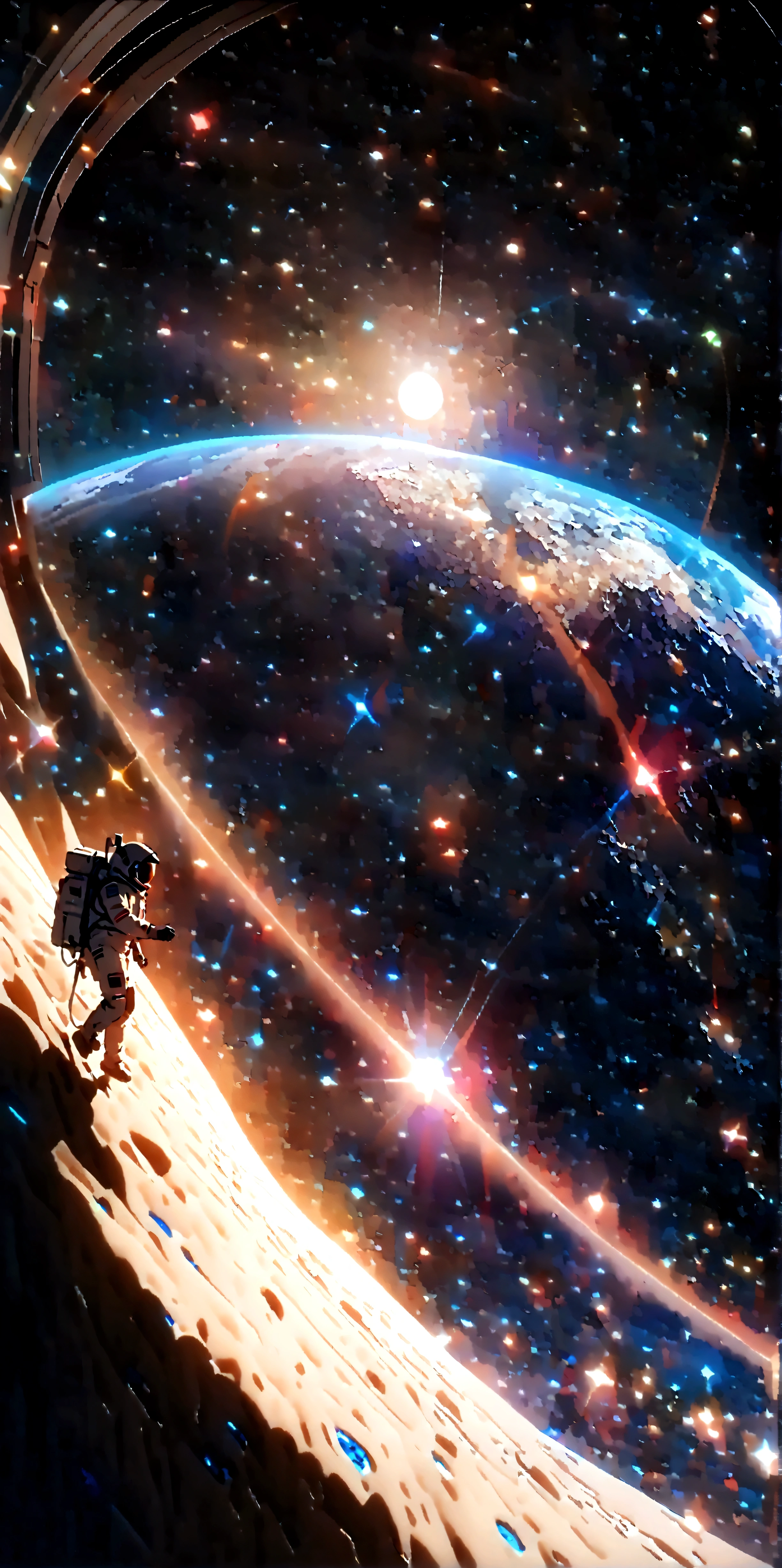 quality\(8k,wallpaper of extremely detailed CG unit, ​masterpiece,hight resolution,top-quality,top-quality real texture skin,hyper realisitic,increase the resolution,RAW photos,best qualtiy,highly detailed,the wallpaper,cinematic lighting,ray trace,golden ratio\), BREAK ,solo,1astronaut wearing space suit floating aimlessly in the galaxy\(dark,beautiful,beautiful stars\) and behind him a beautiful dazzling sun surely rising from behind the large beautiful (blue earth:1.6),(long shot:1.5)