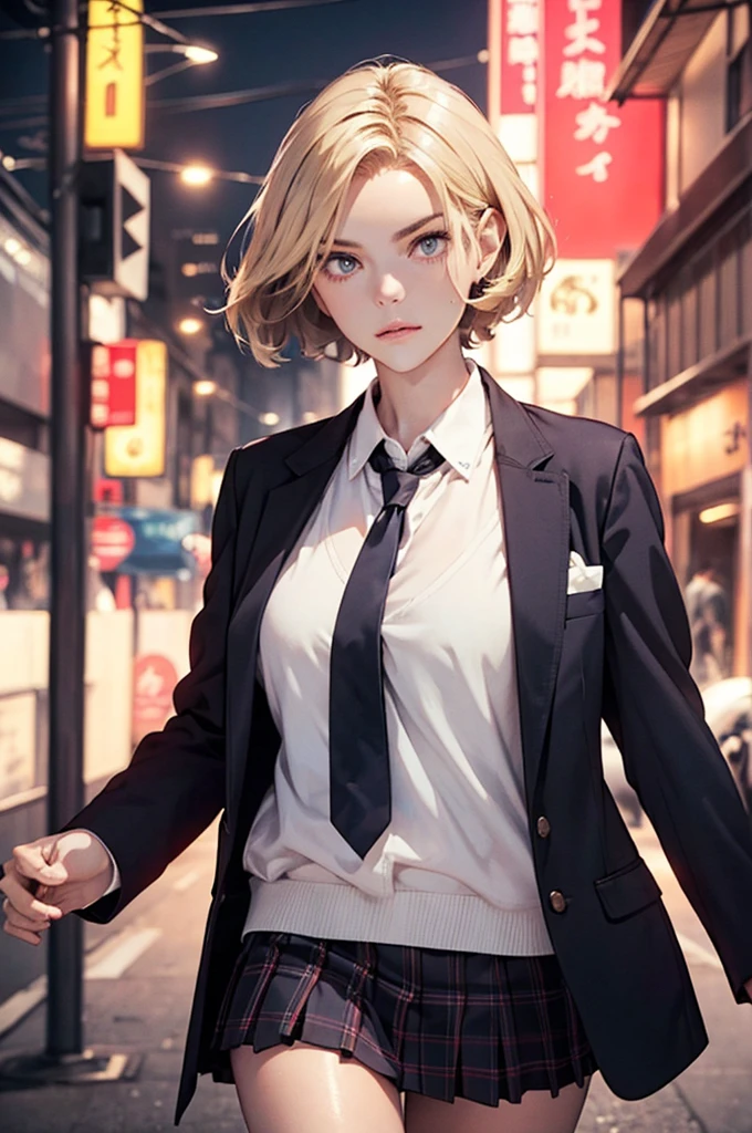 ((perfect anatomy:1.2,realistic:1.3,RAW Photography:1.3,masterpiece、highest quality、Ultra - High resolution、High resolution、Highly detailed CG、8K)),cowboy shot,1 female,solo,18-year-old、High school girl beautiful girl, Japanese,((beautiful detailed face and eyes:1.2,big gorgeous eyes:1.3,)),blonde hair,short hair,(center parted hair:1.4,forehead),large breasts,slender body,small head:1.3,skinny,(brown skin:1.3),(oily skin,gleaming skin,shiny skin,sweat),(school uniform、Dark blue blazer jacket、plaid pleated mini skirt),Shibuya Station、on street,neon、at night、Tokyo、