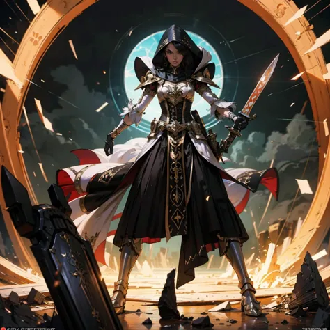 Yvraine, an elegant and formidable Aeldari warrior, dressed in her rune-adorned robe, wielding the sword Kha-vir, surrounded by ...