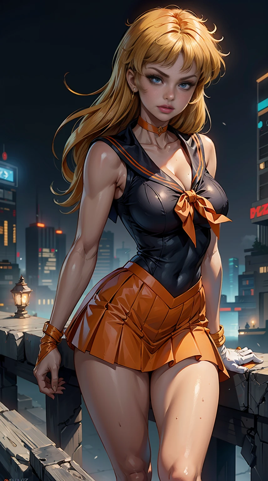 (La mejor calidad,A high resolution,Ultra - detallado,actual),Selena Gomez, (masterpiece, best quality;1.3), very detailed CG, very detailed, 1 girl, alone, laugh, looking at viewer, stylish angle, blonde long hair,blue eyes, huge  sv1, Sailor Sensi Uniform, Orange skirt, elbow bag, tiara, Orange Sailor Color, red bow, Orange Choker, white gloves, bijouterie, from above,,(Fondo de ruinas de mazmorra en ruinas cyberpunk :1.4 ) I have a lot of heart, face focus,venus,hurricane,abstract background, galaxy background,(Sailor Venus:1.4), (Sailor Venus V2.1), ,(Fondo de ruinas de mazmorra en ruinas piedras grandes cyberpunk :1.4 ),(perfect anatomy :1.4), (cinematic lighting :1.4),( dynamic cowboy pose), (fondo lluvia cayendo nublado tenebroso :1.4), (Selena Gomez :1.4), (Selena Gomez V2.1),( dedos detailed :1.4), BIG THIGHS, gigantic