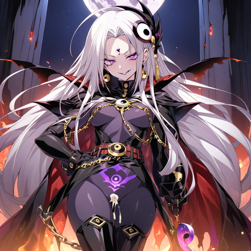 dark persona, nsfw, penis, cum futanari, masturbation, sex, satou kuuki, Embracing dark aura, pubic tattoo, glowing tattoo, 1girl, solo,, thigh high boots, long hair, Feeling magical energy, hand on own hip, octagonal yin yang mirror, cape, forehead accessory, runes, evil smile, stand-up collar, black body suit, at midnight, Holding a symbol of faith, purple eye, white hair, gold decoration, evil eye decoration, moon, earring, chains, belt, yin yang, skirt, beautiful art, high res, perfect face, detailed outfit