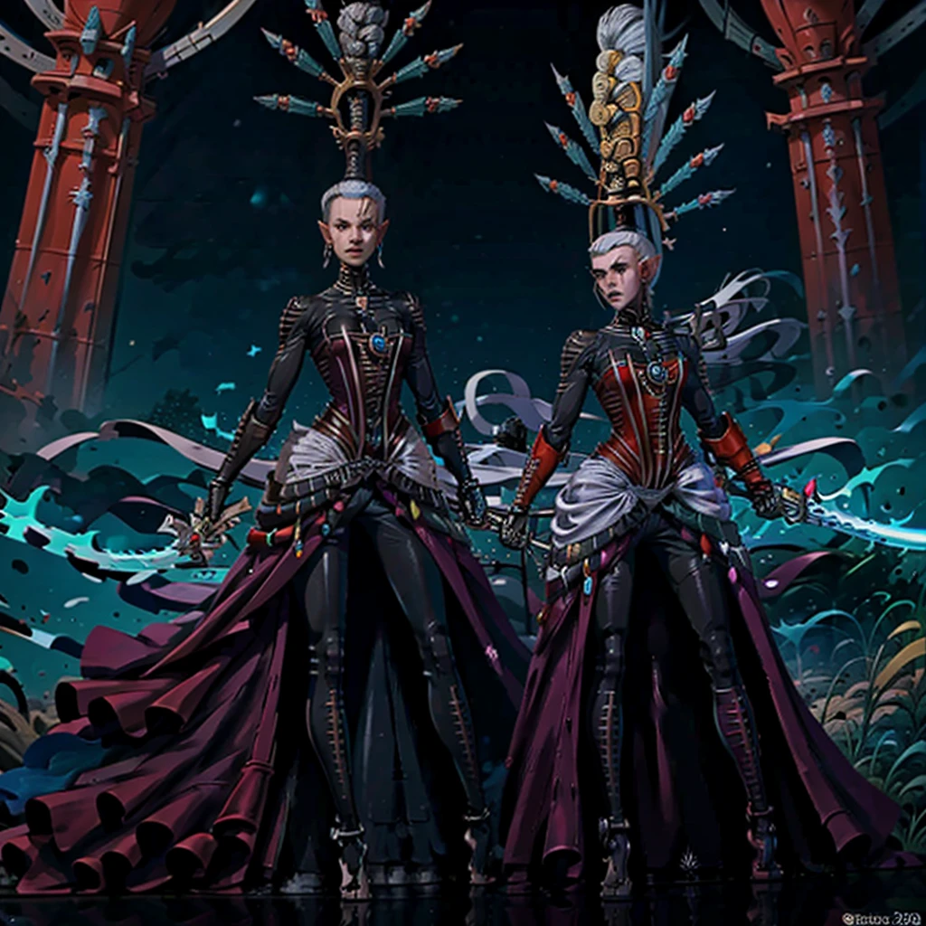 Yvraine, an elegant and formidable Aeldari warrior, dressed in her rune-adorned robe, wielding the sword Kha-vir, surrounded by a luminous and ethereal aura. Beside her, the Visarch, a towering warrior in ceremite armor, brandishing his cruel sword Asu-var, in a protective and battle-ready stance. The scene is set on a futuristic battlefield, with debris and flashes of dark and bright energy around. The image should be in 4K resolution and highly detailed, exquisite and mature manga art style, high definition, best quality, highres, ultra-detailed, ultra-fine painting, extremely delicate, professional, anatomically correct, symmetrical face, extremely detailed eyes and face, high quality eyes, creativity, RAW photo, UHD, 8k, Natural light, cinematic lighting, masterpiece-anatomy-perfect, masterpiece:1.5