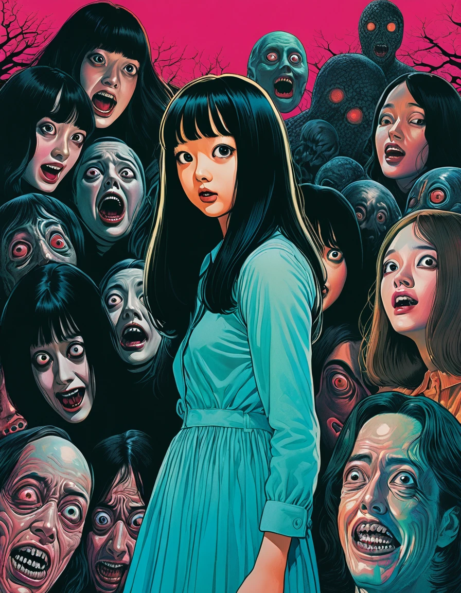 An illustration、art、70s horror movie posters, Supervised by Junji Ito、High detail, Realistic Shadows、Analog Style, chromatic aberration, Surrealism、Complementary Gradient