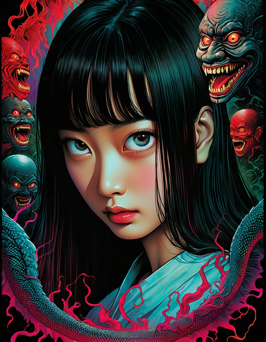 An illustration、art、80s Thai horror movie poster, Supervised by Junji Ito、High detail, Realistic shadows、Analog Style, chromatic aberration, Surrealism、Complementary Gradient