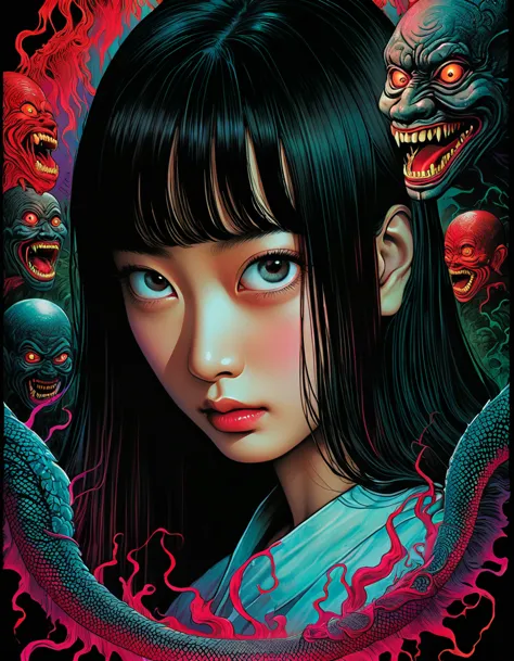 An illustration、art、80s Thai horror movie poster, Supervised by Junji Ito、High detail, Realistic shadows、Analog Style, chromatic...