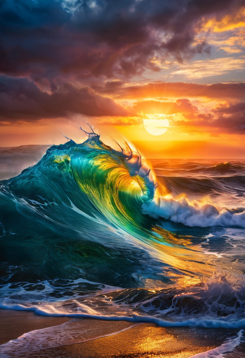 Alta resolução, alta qualidade , obra de arte. nascer do sol. Hyperrealistic digital photo art of a sea with sunlight piercing through towering waves against a nascer do sol backdrop, emanando um espectro de cores selvagens que lembram uma loucura turbulenta, capturando a beleza etérea e a atmosfera edificante comparável ao estilo de Warren Keelan e Aaron Reed, aumentada por uma paleta de cores semelhante à visão de Peter Nottrott, renderização de octanas, Resolução 8K