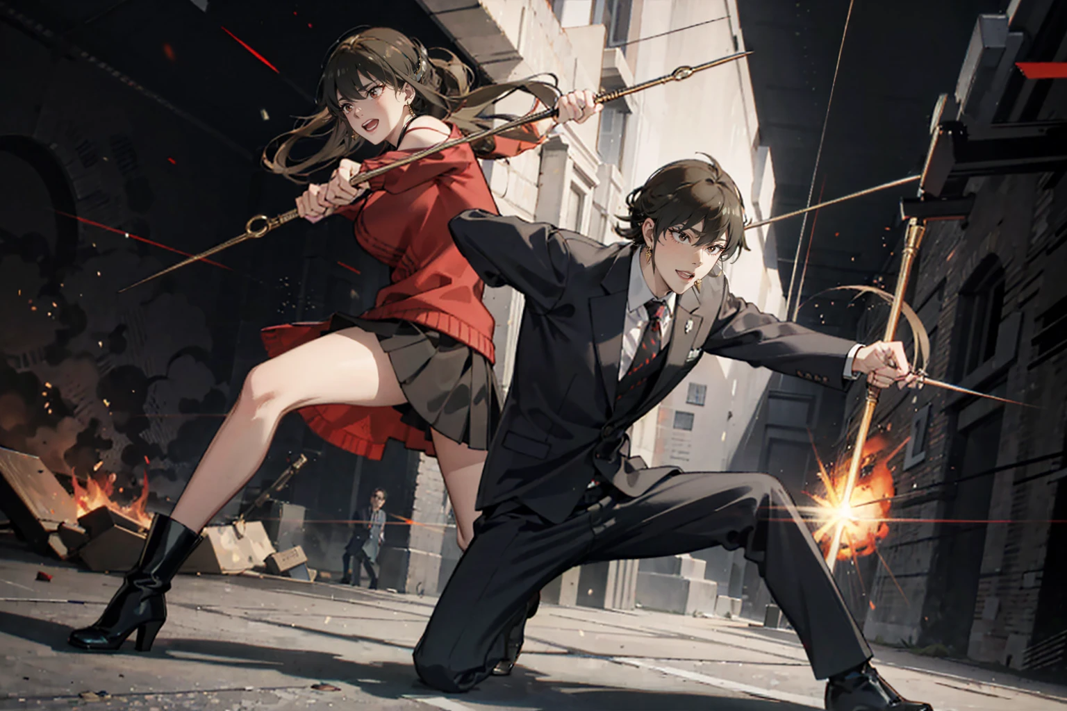 masterpiece, Highest quality,8K, complete hand depiction, Action pose, Battle Scenes:1.5, (Yor Forger), Red eyes, Black Skirt, red off shoulder sweater, (Big Breasts), morning, ((Fighting a brown-haired man in a suit)), morningのエーゲ海の町並み, Wearing boots, Angry expression,:1.5 Attack Speed, Fast Attack, Angry expression, Angry face
