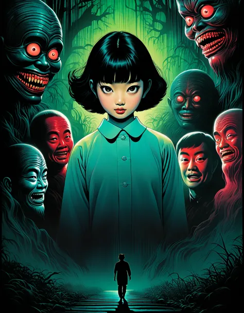 An illustration、art、60s Thai horror movie poster, Supervised by Junji Ito、High detail, Realistic shadows、Analog Style, chromatic...