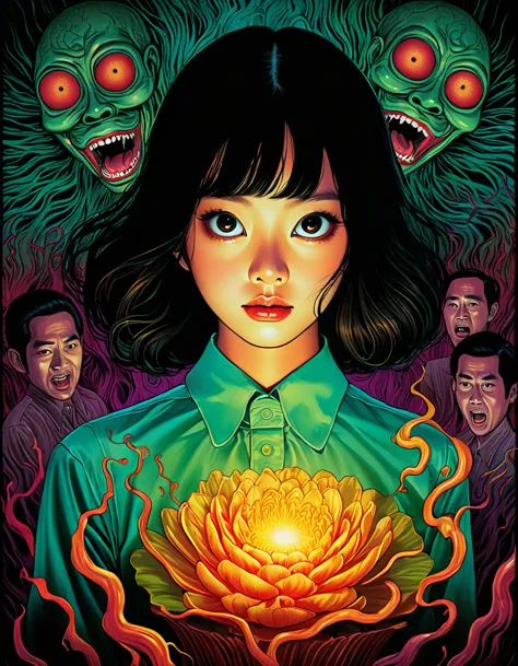 An illustration、art、70s Thai horror movie poster, Supervised by Junji Ito、High detail, Realistic shadows、Analog Style, chromatic...