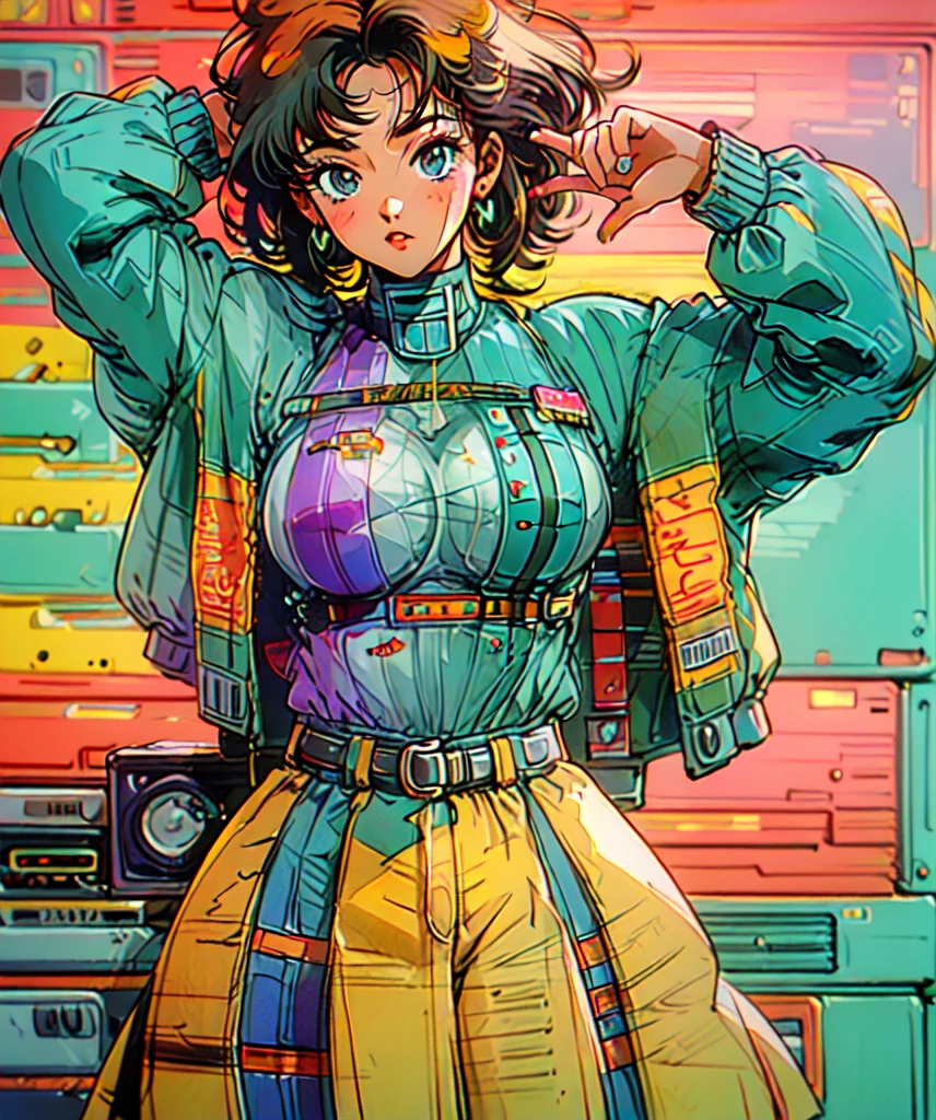 (80's, retro, city pop poster:1.5), (album cover), (masterpiece, best quality), (anime, illustration), (pastel colors:1.4), 
best photo pose, dynamic angle,
19 years old, large breasts, triple D cup breasts, sexy, horny, round buttocks, bubbly buttocks, wide hips, bubbly ass, fit and strong, slender body, white hair, side cut, tattoo on temple, solo, perfect detail eyes, delicate face, 
high fashion, 