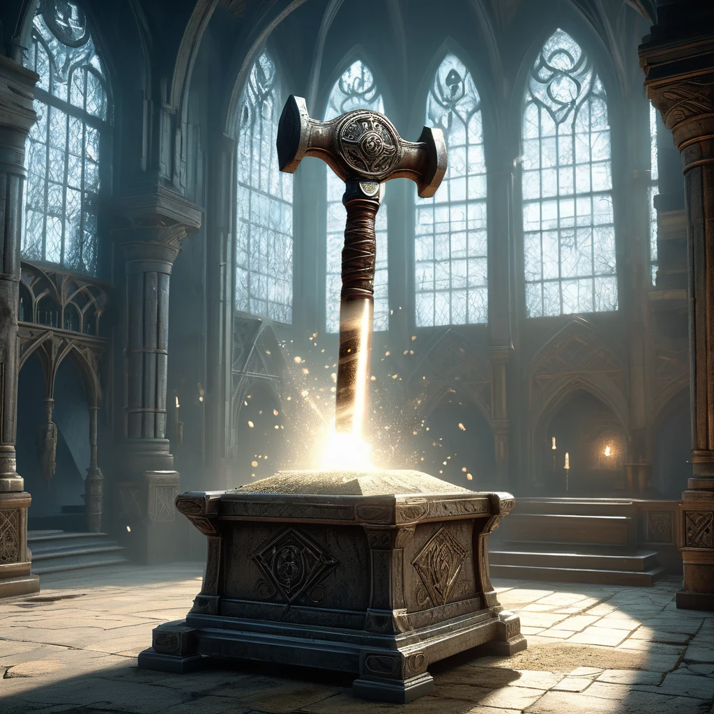 Visualize a medieval fantasy hammer resting atop a weathered stone pedestal in the center of an empty, ancient chamber. The hammer's handle is hewn from sturdy oak, wrapped in supple leather adorned with intricate runes that faintly shimmer with arcane power. Its head, forged from an ancient, enchanted metal, gleams with a dull silver sheen and is inscribed with symbols of protection and strength. Dust motes dance in the air, illuminated by faint rays of sunlight filtering through a high, arched window. The room is lined with towering shelves filled with dusty tomes and artifacts from forgotten ages, hinting at the hammer's storied history. Capture the solemn atmosphere of this chamber, where the mystical hammer awaits a destined hero to wield it against the encroaching darkness of a medieval fantasy world."